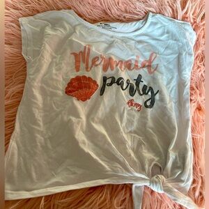DKNY girls white graphic tee-mermaid party, with tie at the front.